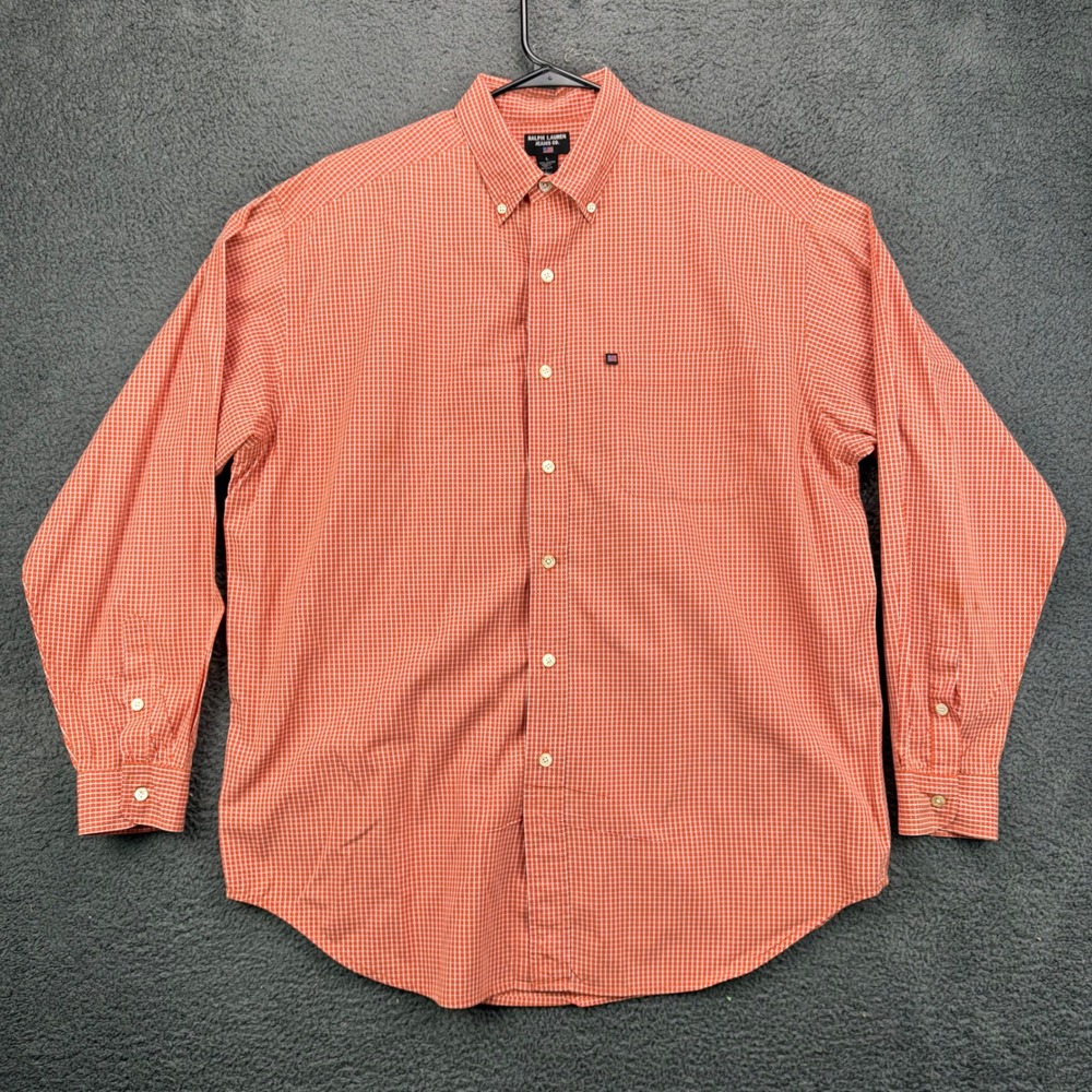 Ralph Lauren Jeans Co Mens Long Sleeve Orange Gingham Button‎ Down Shirt Size L